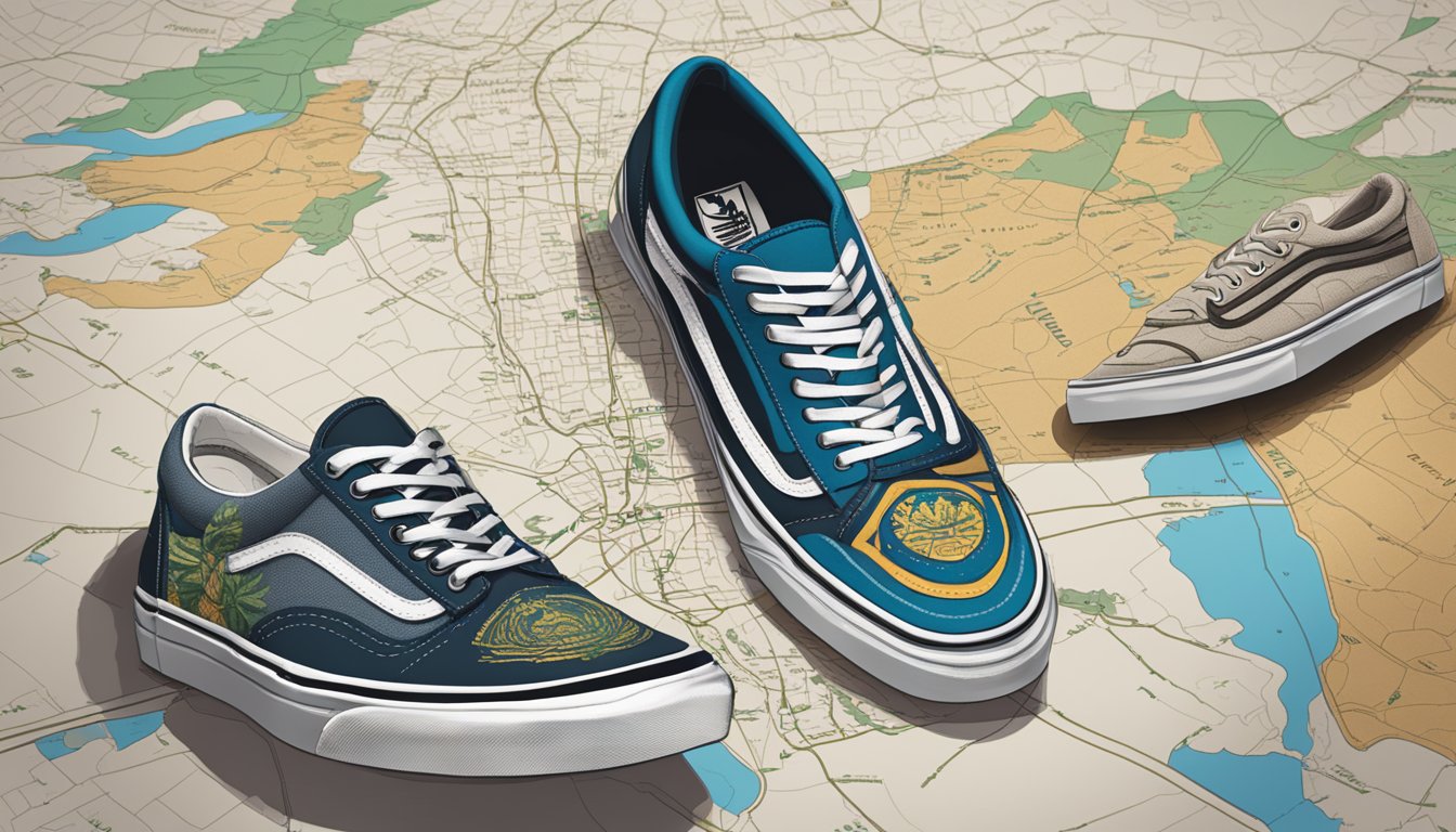 A group of Vans shoes are positioned in front of a map of Palestine, with a caption reading "Future Outlook and Recommendations: Vans supports Palestine."