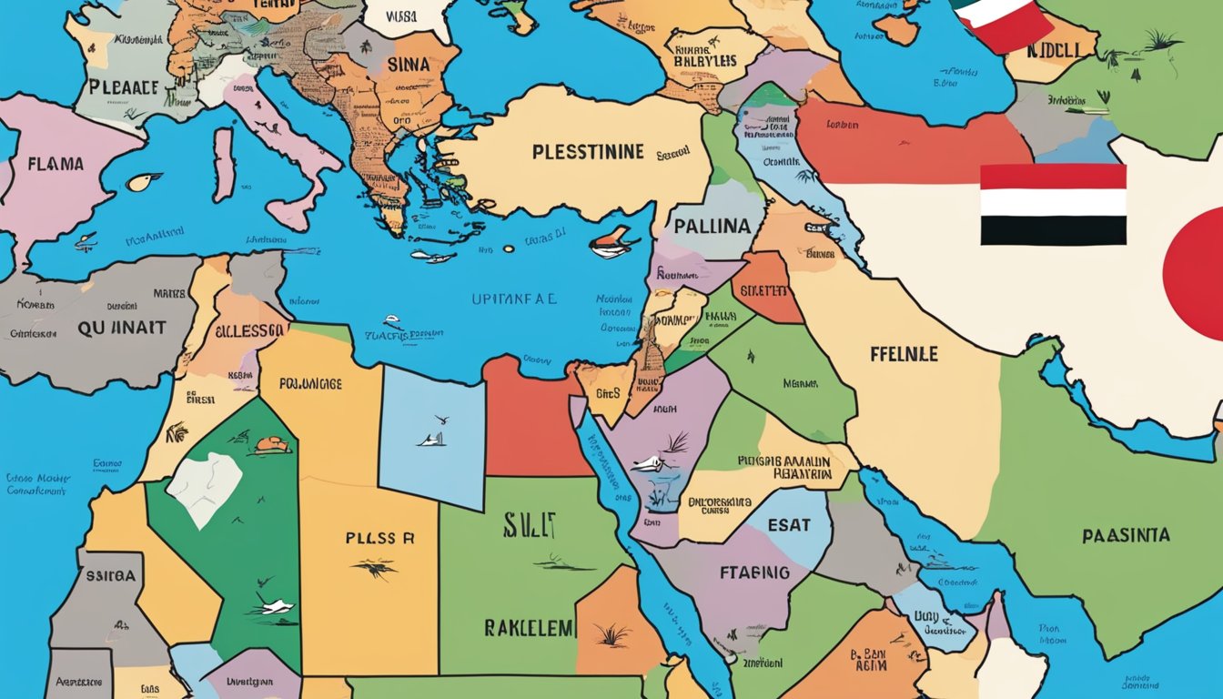 A map of the Middle East with a focus on Palestine, surrounded by flags and symbols of support, including the Quiksilver logo