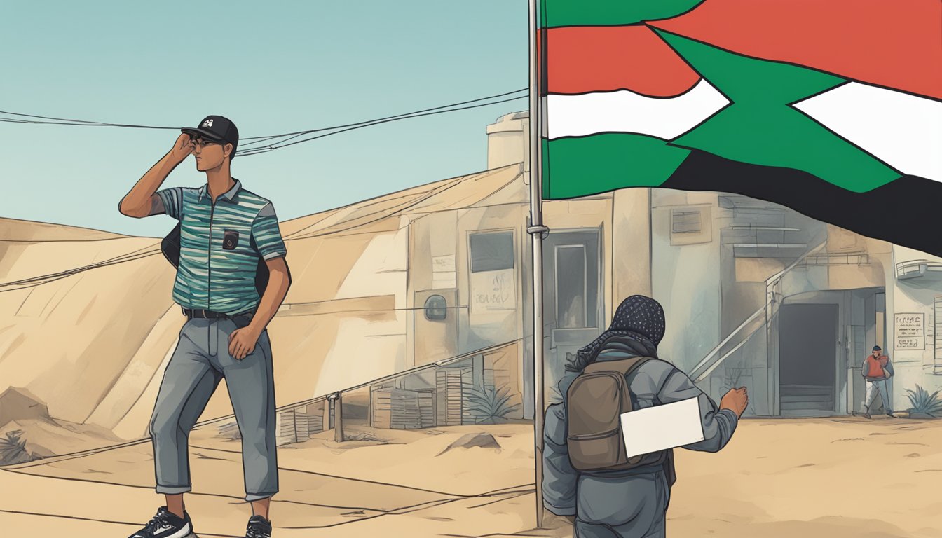 Quiksilver stands in front of a Palestinian flag, holding a sign with the word "support" written on it