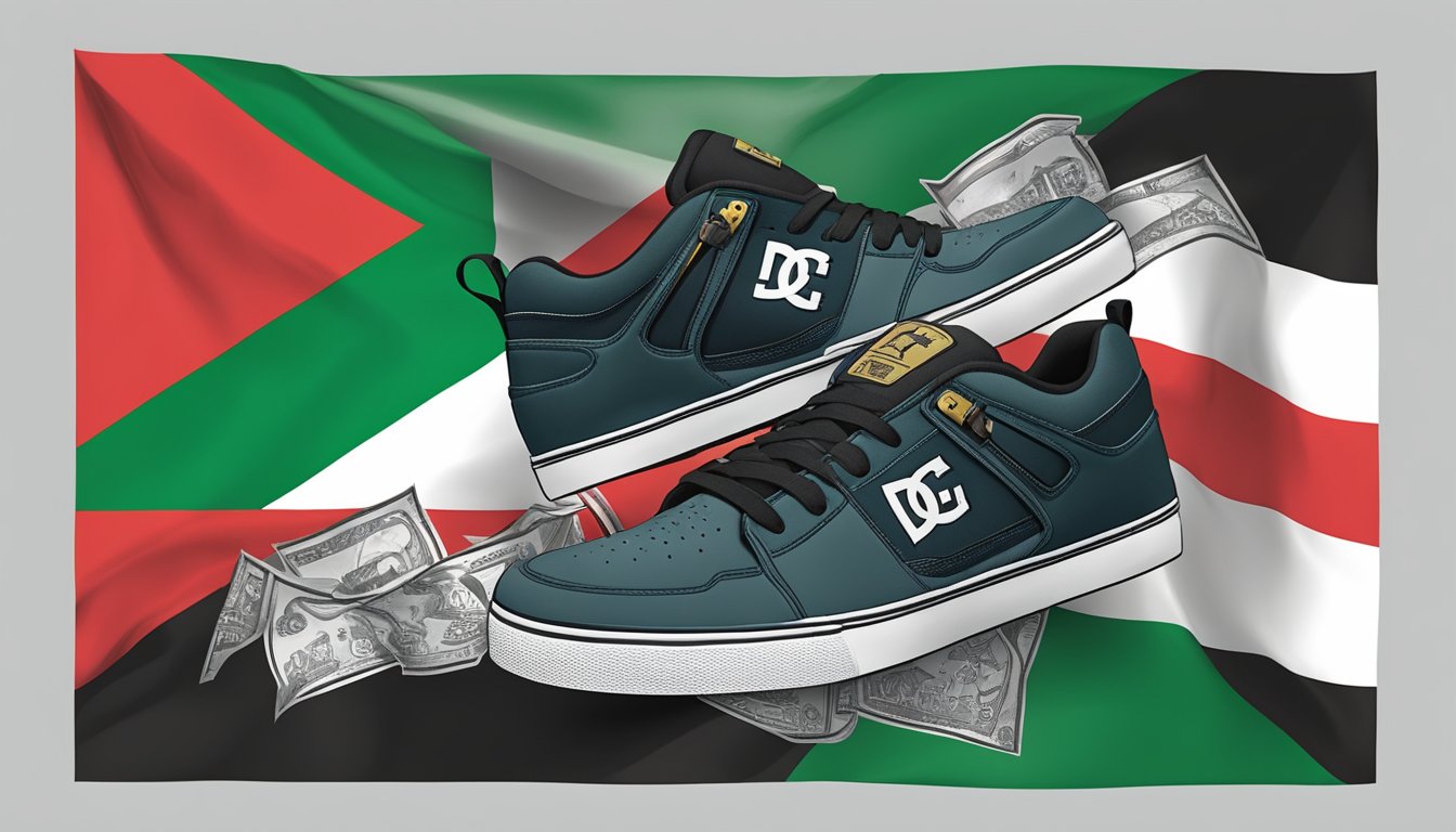 A pair of DC Shoes sits on a Palestinian flag, surrounded by symbols of support and solidarity