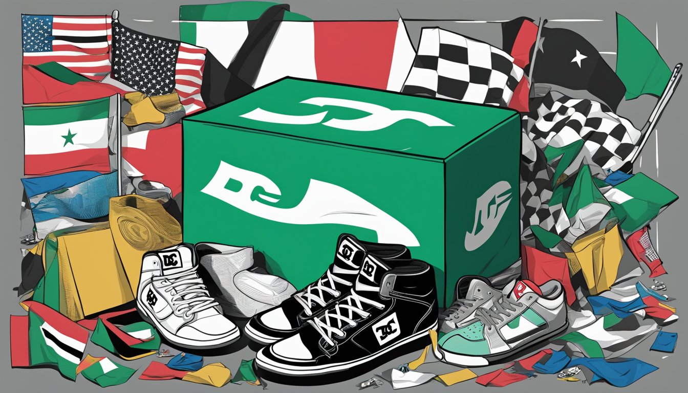 DC Shoes logo displayed on a shoebox surrounded by protest signs and flags representing Palestine