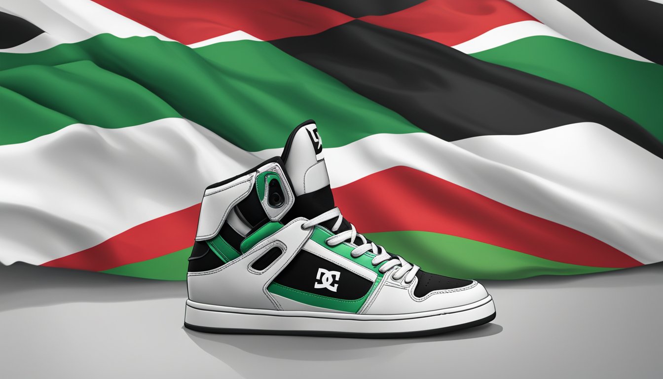 DC Shoes logo displayed next to Palestinian flag in a protest