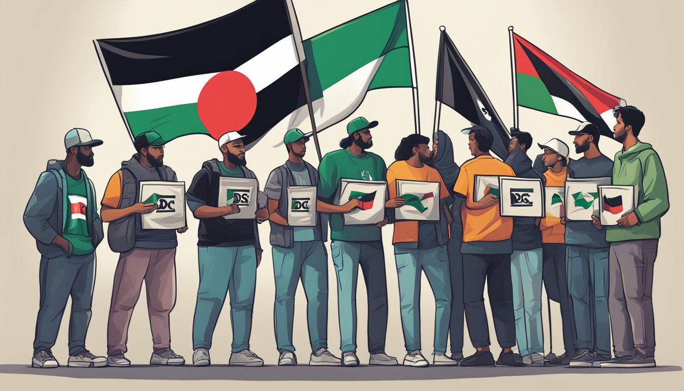 A group of people holding signs with the DC Shoes logo and the Palestinian flag, demonstrating and discussing political alignments