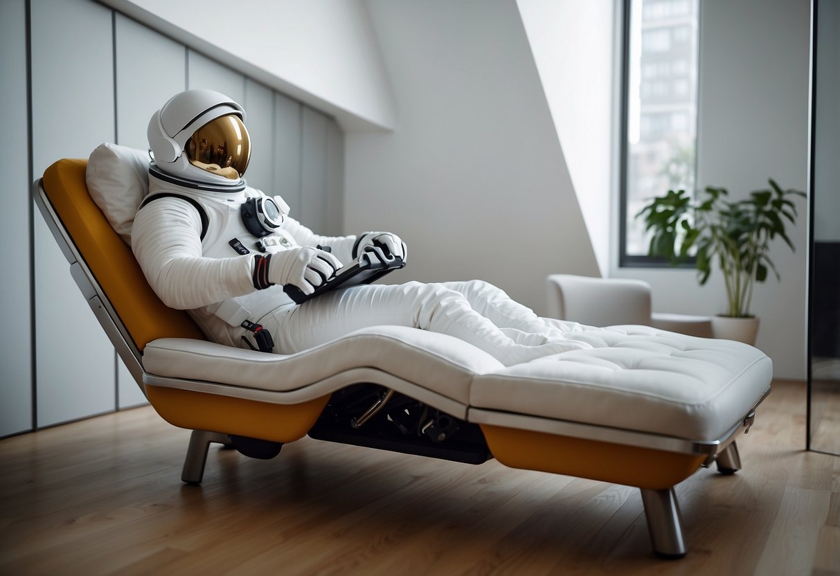 A spaceman reclines on a fold-out bed, surrounded by compact, modular furniture. The room is sleek and minimal, with hidden storage compartments and multi-functional pieces