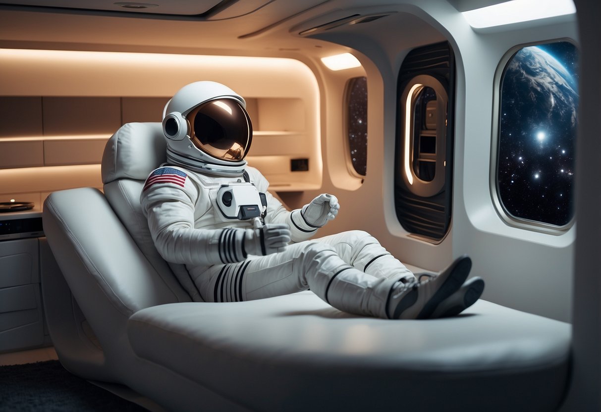 A spaceman floating in a compact, multi-functional room with space-saving furniture and innovative storage solutions