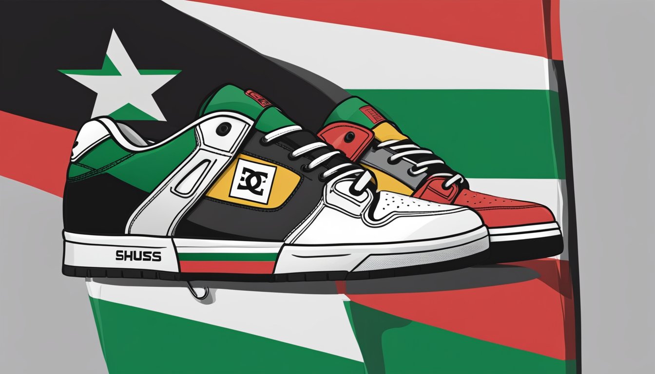 A pair of DC Shoes lies next to a Palestinian flag, symbolizing support for Palestine