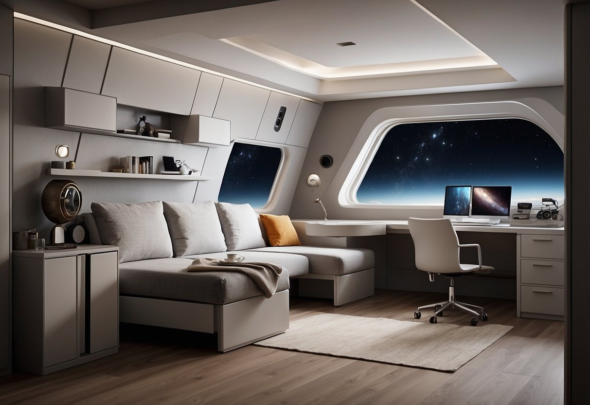 A spaceman-themed room with space-saving furniture, featuring a foldable desk, hidden storage compartments, and a bed that converts into a sofa