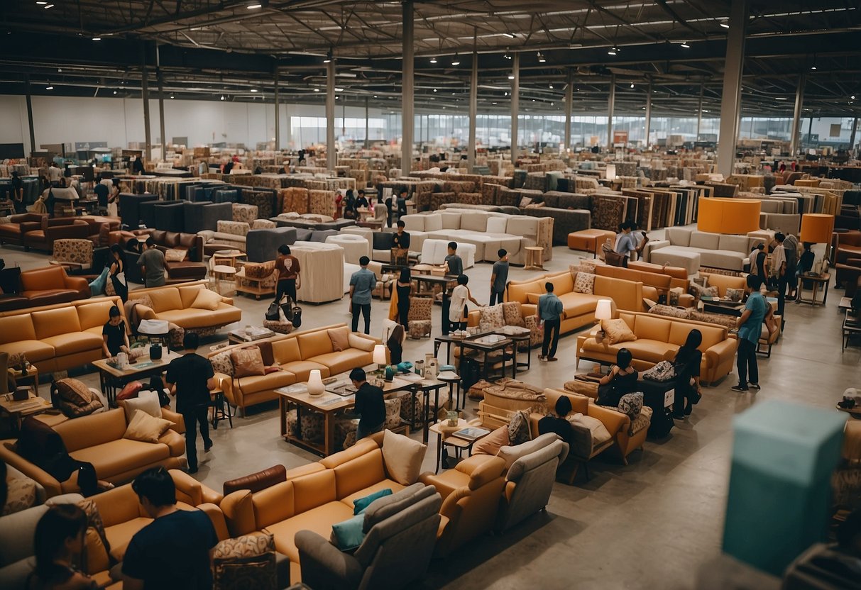 A bustling furniture warehouse sale in Singapore with rows of discounted sofas, tables, and chairs, surrounded by eager shoppers