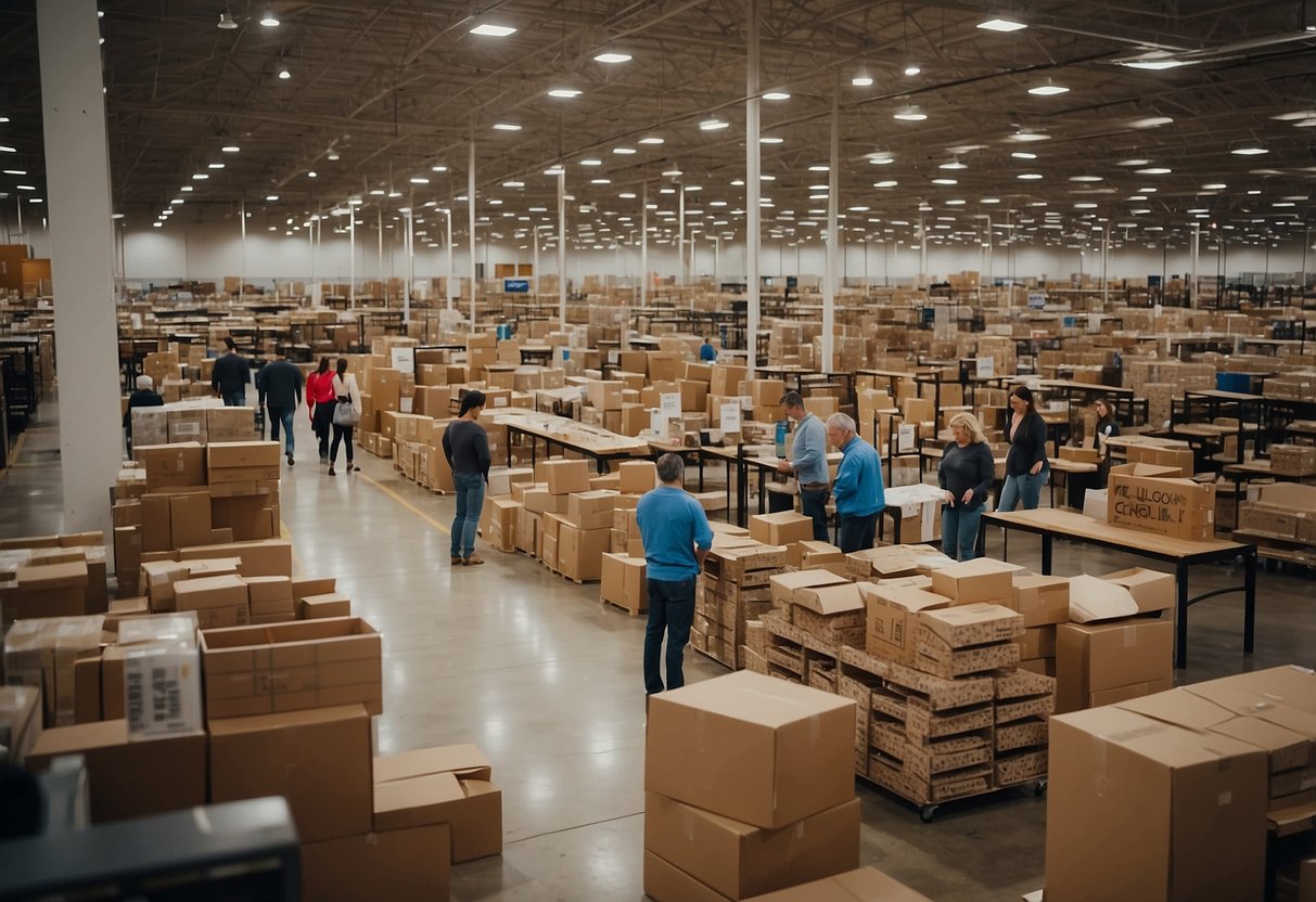 The furniture warehouse is bustling with customers searching for the best deals. Shelves are lined with discounted items, and staff are busy assisting shoppers