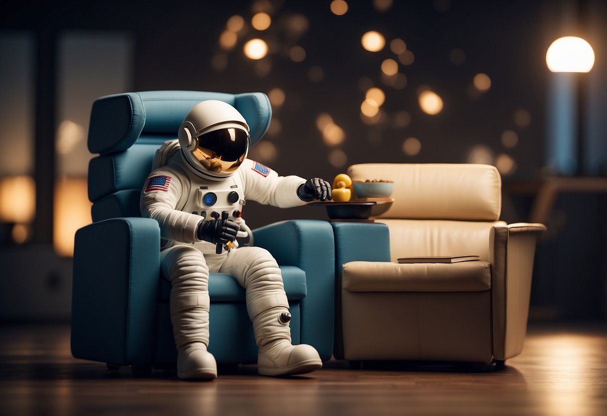 A spaceman interacts with space-saving furniture, showcasing its functionality and versatility