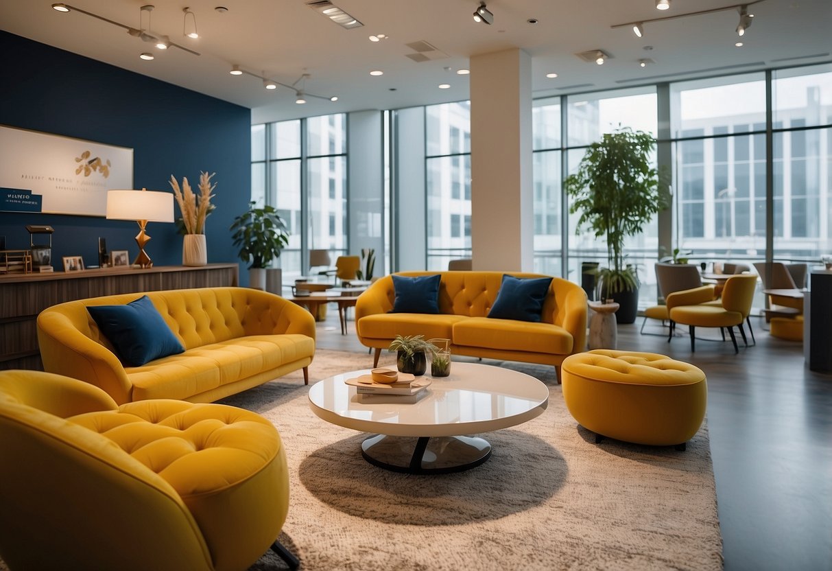 A well-lit showroom featuring Vhive's modern furniture collection, with sleek lines and vibrant colors, arranged in stylish room settings