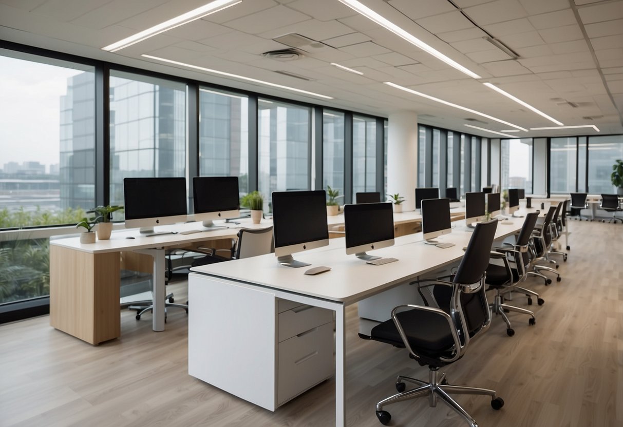A modern office space with sleek Vhive furniture, clean lines, and a professional atmosphere. The room is well-lit with natural light and features a variety of Vhive business and service products on display