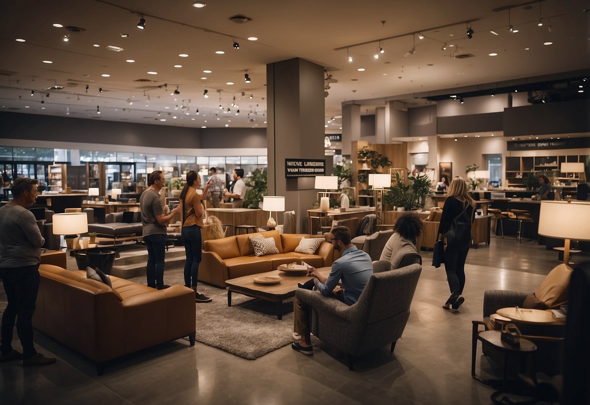 A crowded room with people browsing through furniture displays, pointing at items, and reading signs labeled "Frequently Asked Questions vhive furniture"