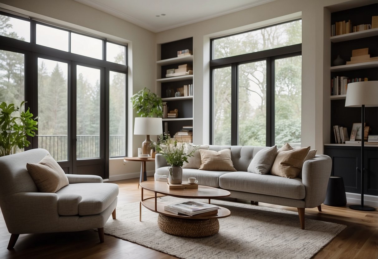 A cozy living room with a modern sofa, a sleek coffee table, and a stylish bookshelf. The room is well-lit with natural light streaming in through large windows, creating a warm and inviting atmosphere
