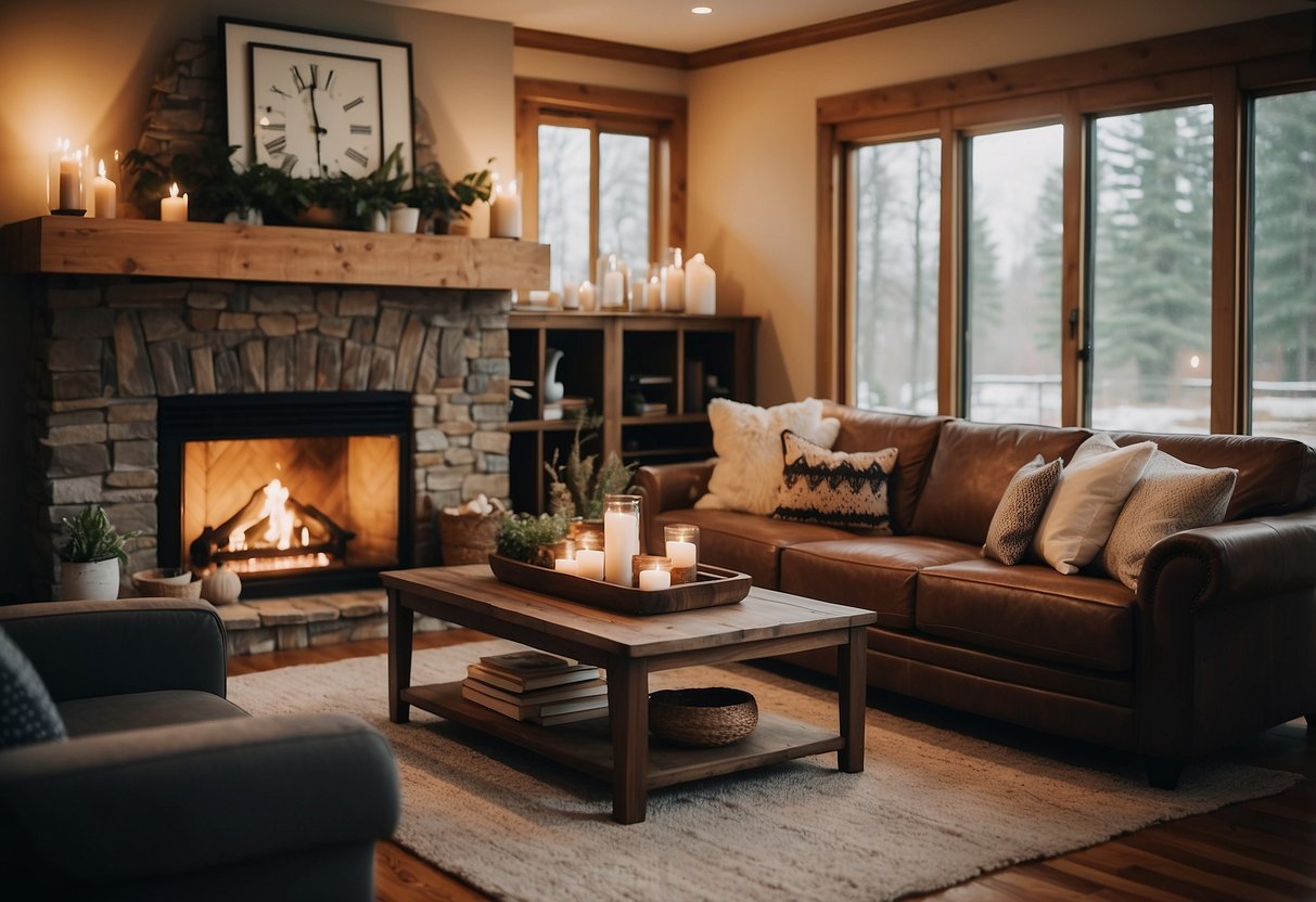 A cozy living room with a plush sofa, a rustic coffee table, and a warm, glowing fireplace. An assortment of unique and stylish furniture pieces are scattered throughout the room, inviting exploration