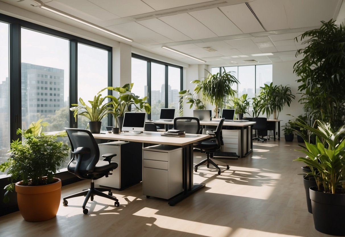 An office space with modern, ergonomic furniture arranged for maximum efficiency and comfort. Bright, natural lighting and potted plants add a touch of warmth to the space