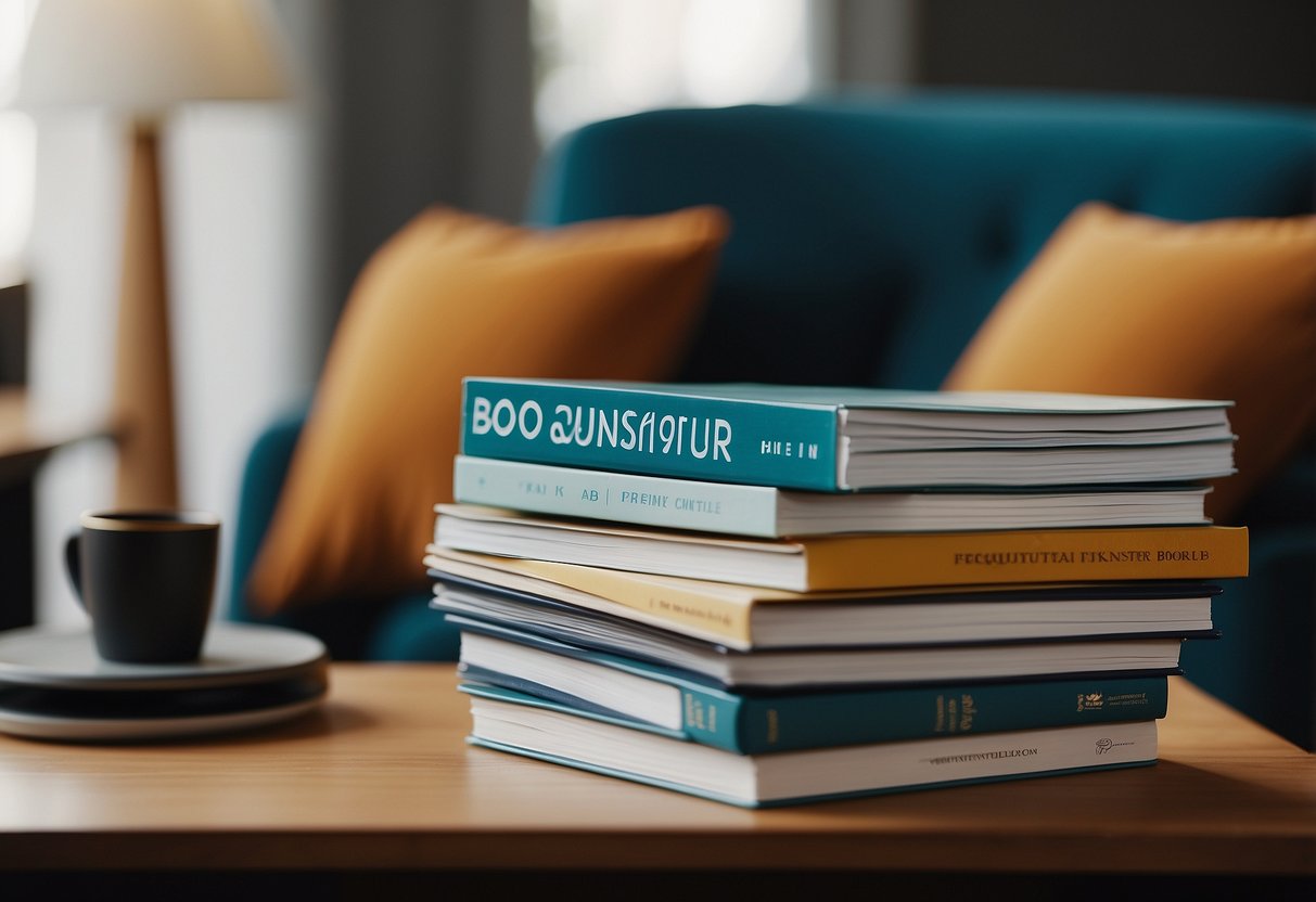 A stack of colorful pamphlets with "Frequently Asked Questions" about boo furniture, surrounded by modern and stylish furniture pieces