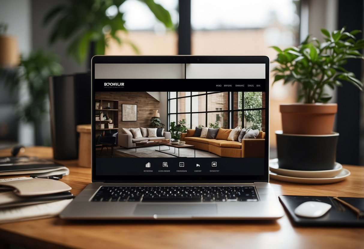 A laptop displaying an online furniture shop with various items and a sleek, modern design