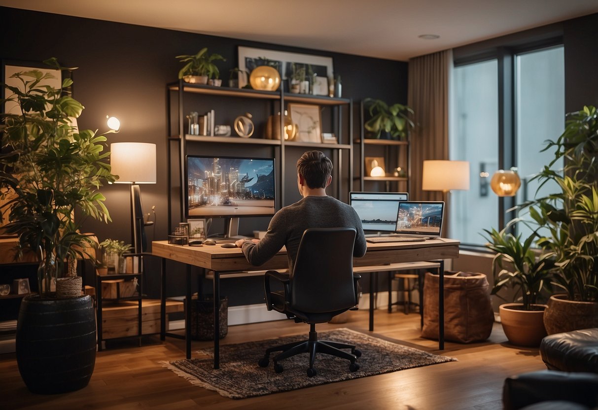 A person browsing through various furniture options on a computer screen, surrounded by a variety of stylish furniture pieces and decor items