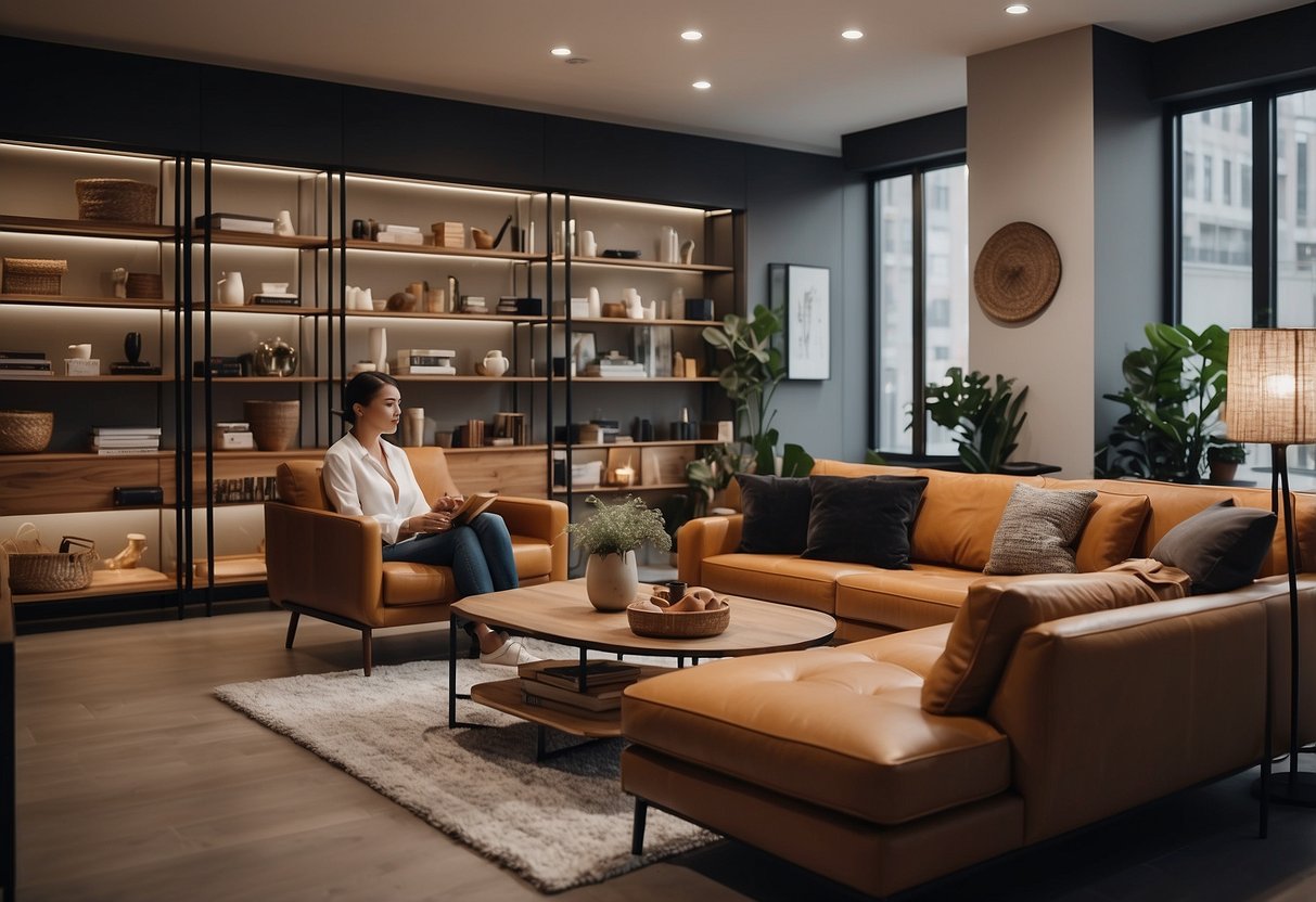 Customers browsing through a variety of furniture items on a sleek and user-friendly online platform, with detailed product descriptions and high-quality images