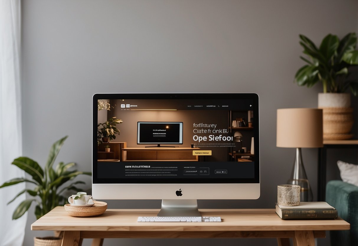 An online furniture shop's website with FAQs section open on a computer screen, surrounded by modern furniture pieces and decor