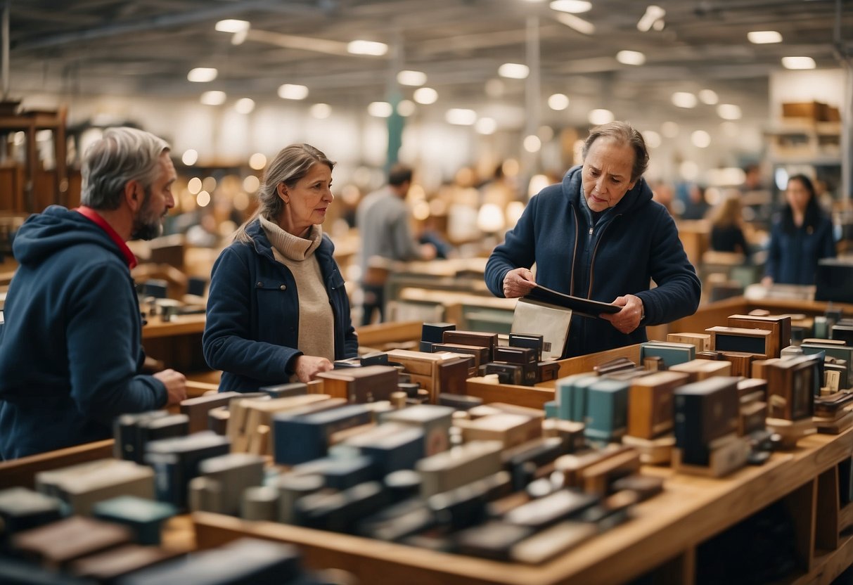Customers browsing second-hand furniture, seller explaining sustainability benefits