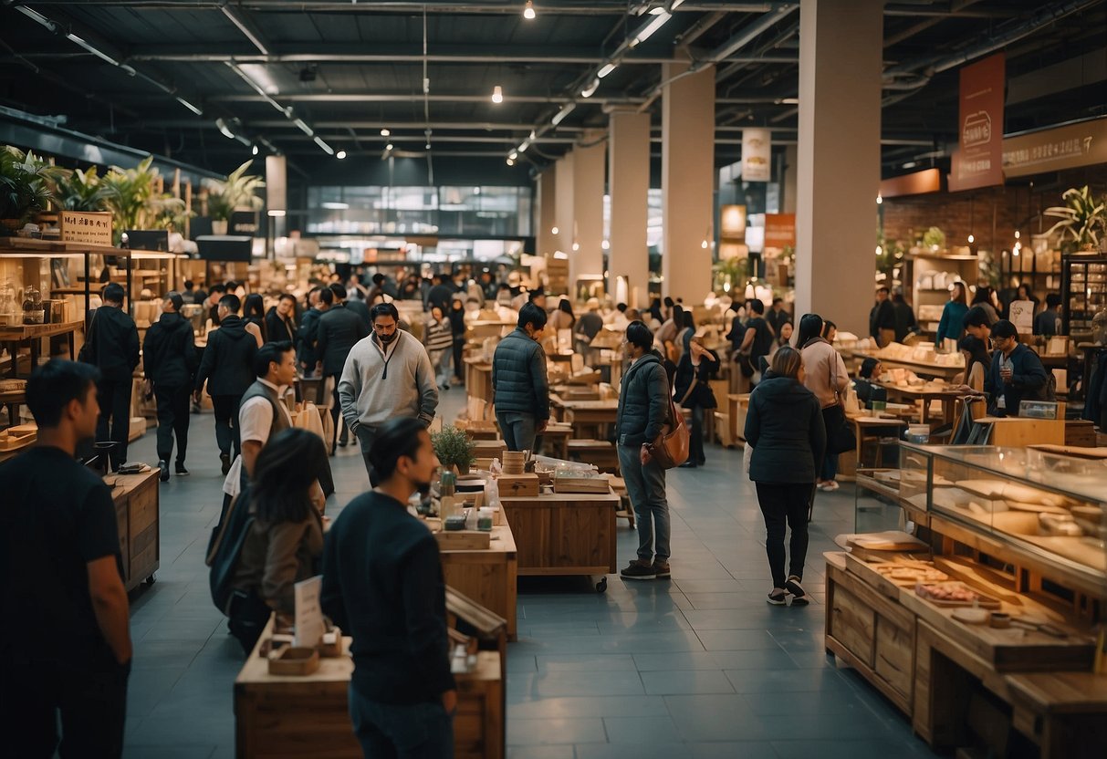 A bustling marketplace with various furniture items on display, customers browsing and sellers answering questions