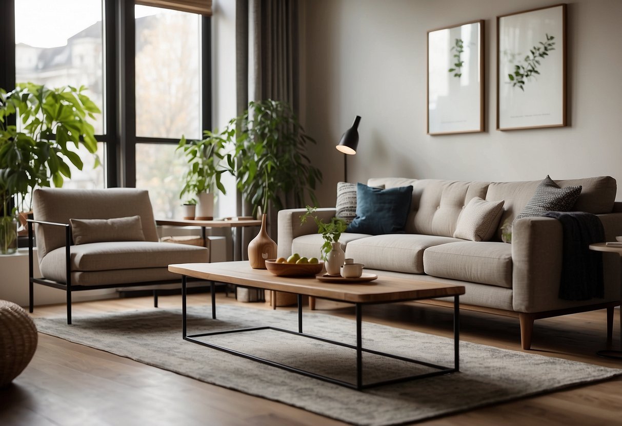 A modern living room with sleek furniture, a cozy sofa, and a stylish coffee table. Bright natural light streams in from large windows, casting a warm glow over the space