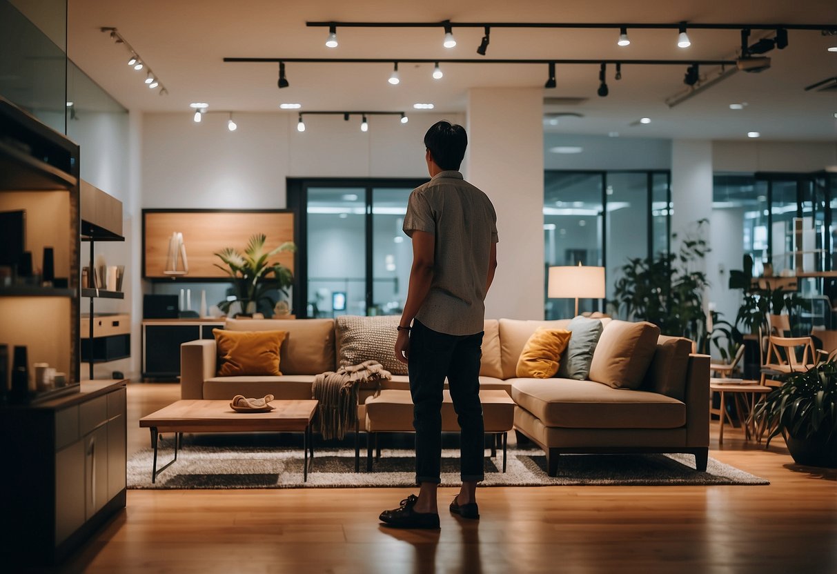 A person browsing through various furniture rental options in a modern showroom in Singapore