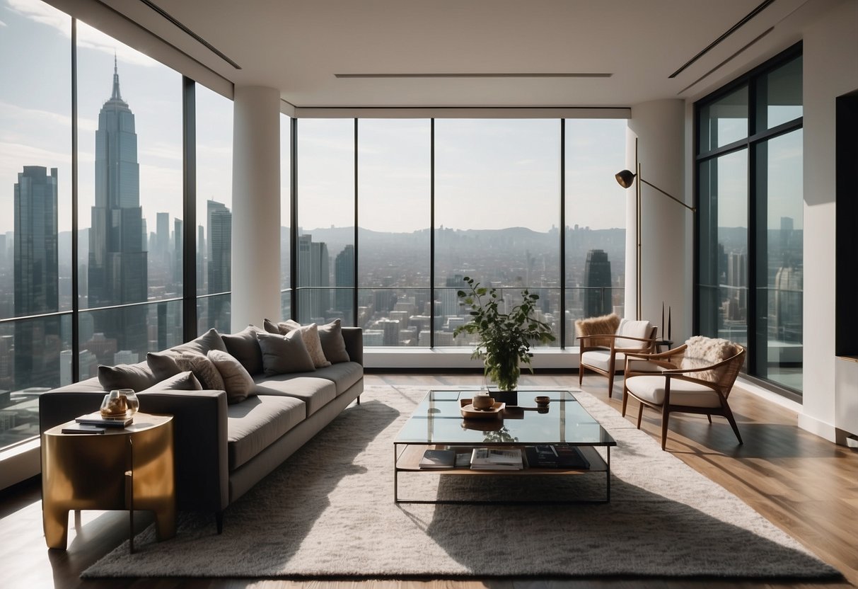 A modern living room with a sleek sofa, stylish coffee table, and elegant decor. Bright, airy space with large windows and a view of the city skyline