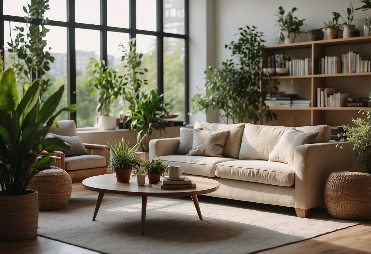 A modern living room with sleek furniture, including a sofa, coffee table, and plants. A large window lets in natural light, and a bookshelf is filled with decorative items