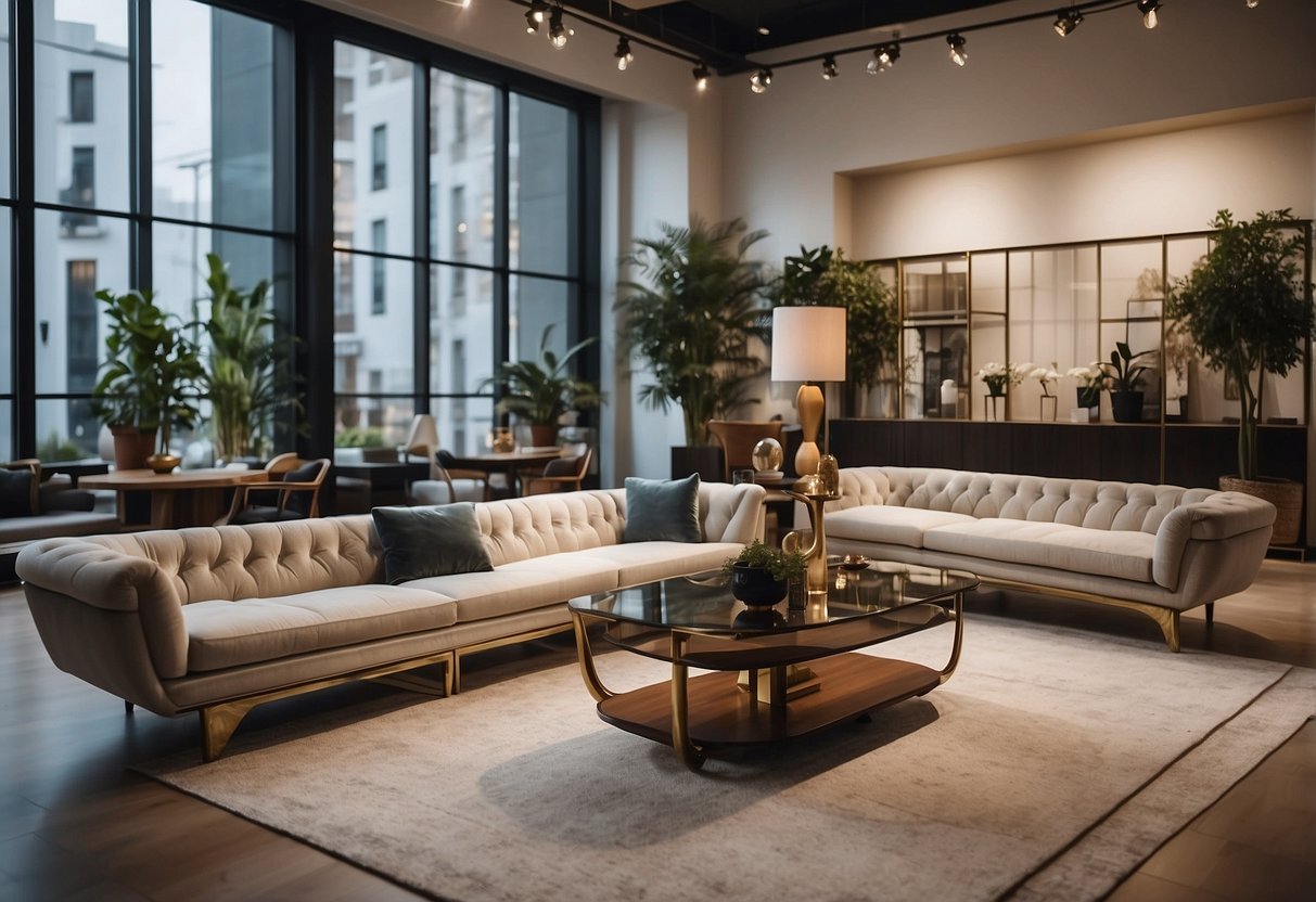A spacious furniture showroom with modern and classic pieces displayed in well-lit sections, creating an inviting and elegant atmosphere
