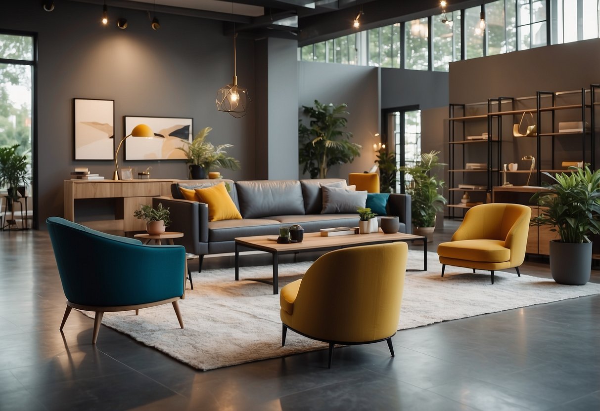 A spacious showroom with modern furniture displays in natural lighting. Various furniture pieces arranged in stylish settings