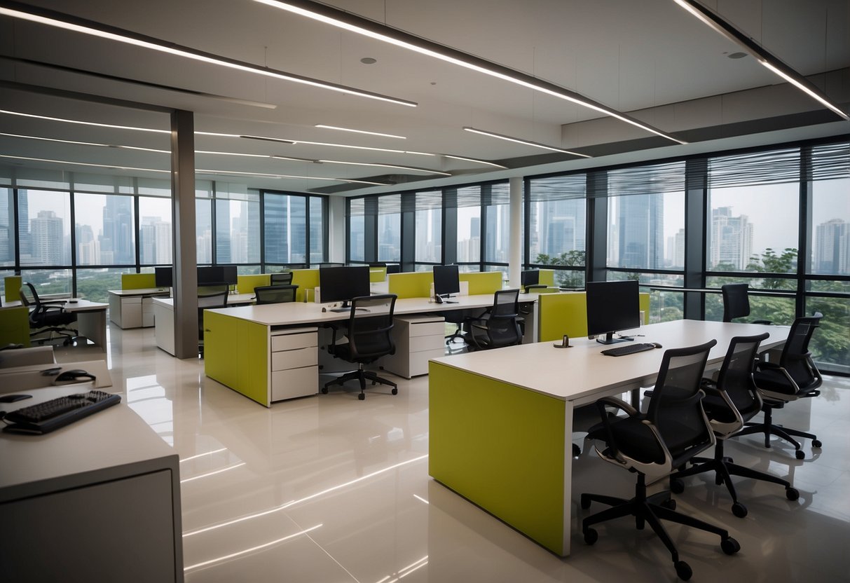 A spacious showroom displays modern office furniture in Singapore. Bright lighting highlights sleek desks, ergonomic chairs, and stylish storage solutions