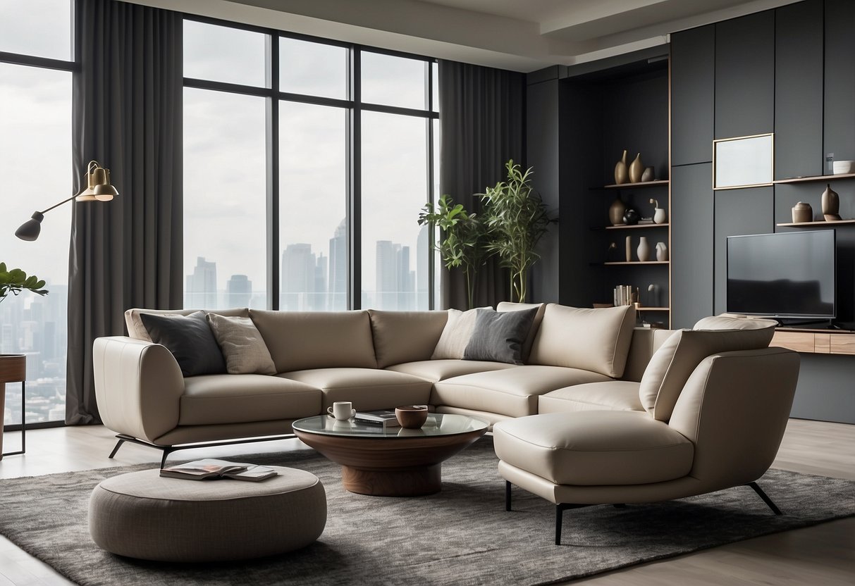 A modern living room with sleek, minimalist furniture from Star Furniture Singapore, featuring clean lines and a neutral color palette