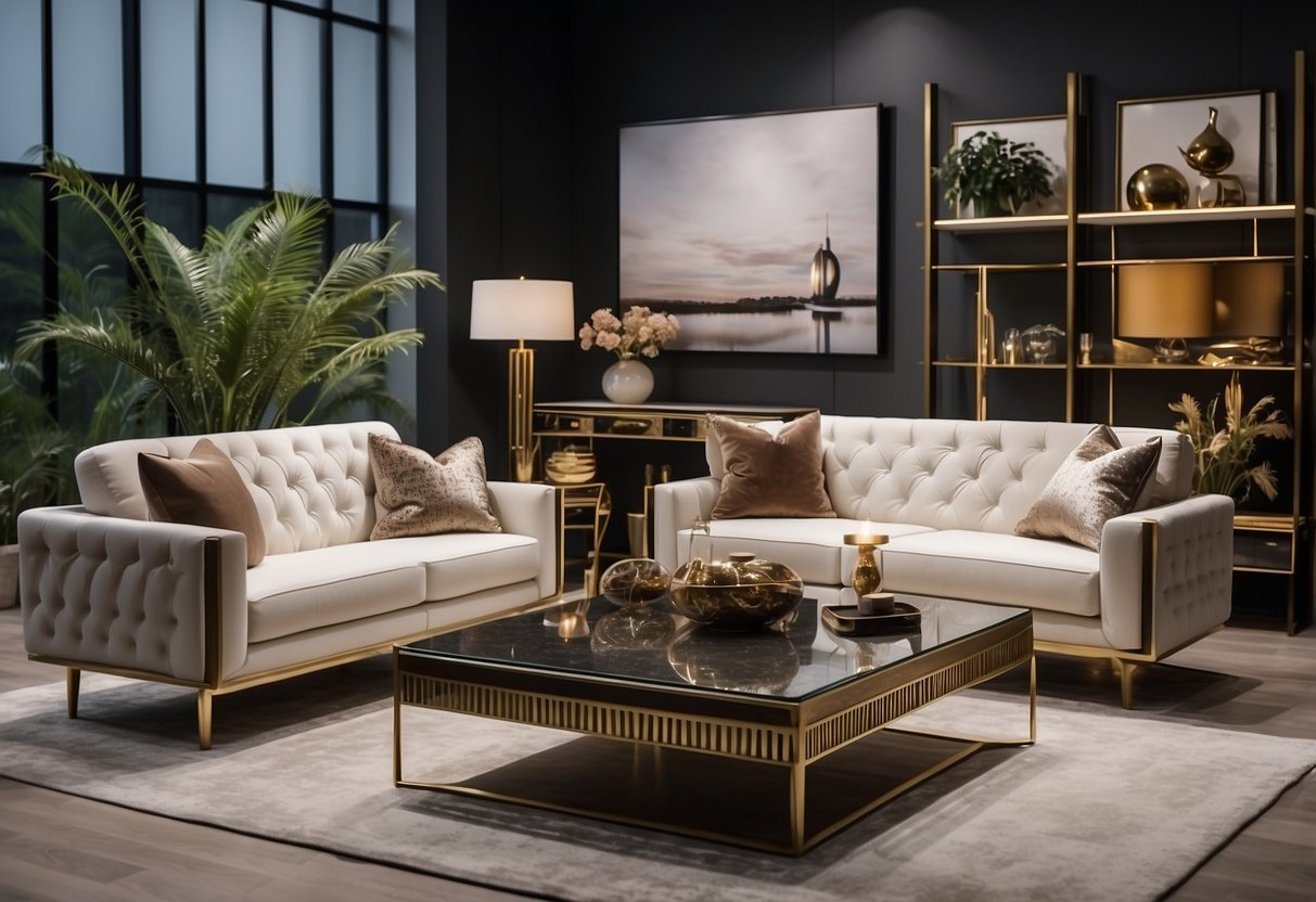 A showroom filled with modern and luxurious furniture pieces, arranged in stylish settings with soft lighting and elegant decor