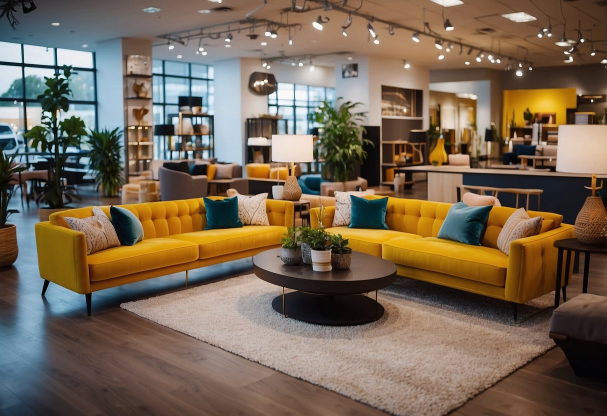 A bustling furniture showroom with cozy displays and attentive staff. Vibrant colors and modern designs fill the space, creating a welcoming atmosphere for customers