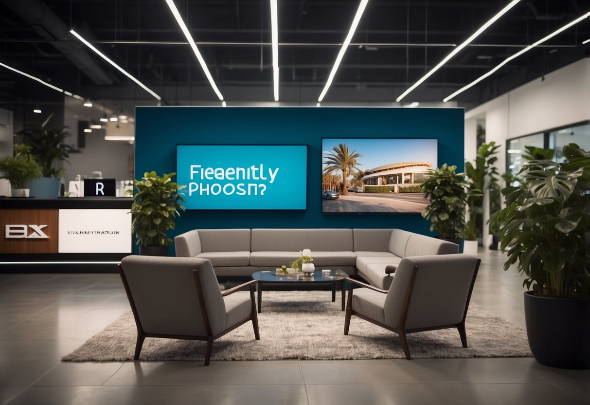 A bright, modern showroom with neatly arranged furniture displays and a large "Frequently Asked Questions" sign