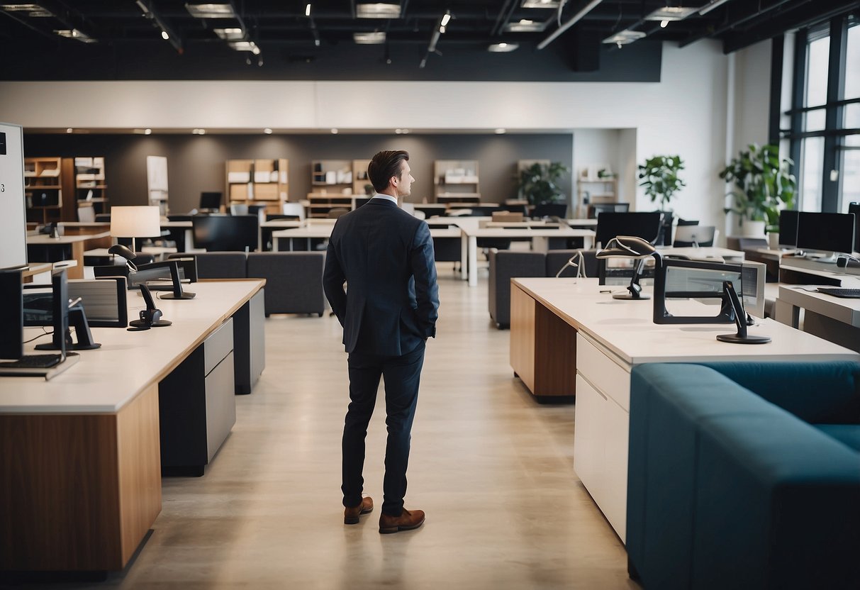 A person is carefully choosing office furniture from a wide selection in a showroom. The furniture is modern and sleek, with various options for desks, chairs, and storage units. The person is examining the quality and design of each piece before making a decision