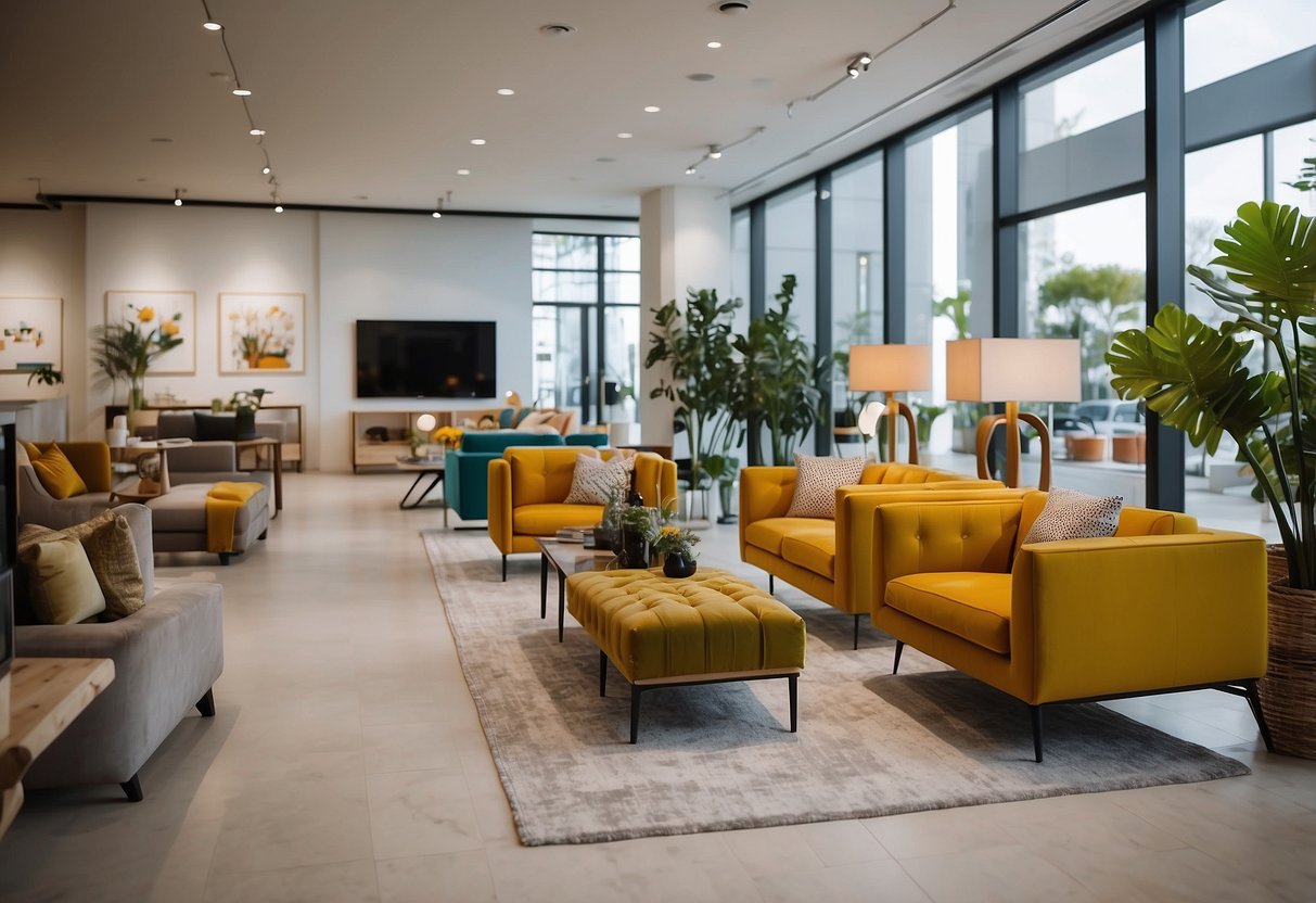 A bright, modern showroom with sleek furniture displays and helpful staff assisting customers. Vibrant colors and stylish designs create an inviting atmosphere