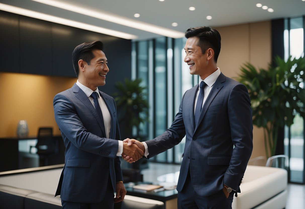 A professional handshake between two business partners in a modern Singapore office, surrounded by sleek and stylish furniture displays