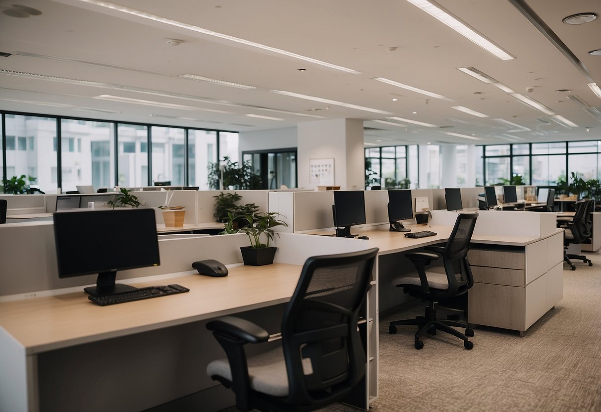 An office furniture showroom in Singapore with rows of desks, chairs, and shelves. A customer service desk with a sign reading "Frequently Asked Questions."