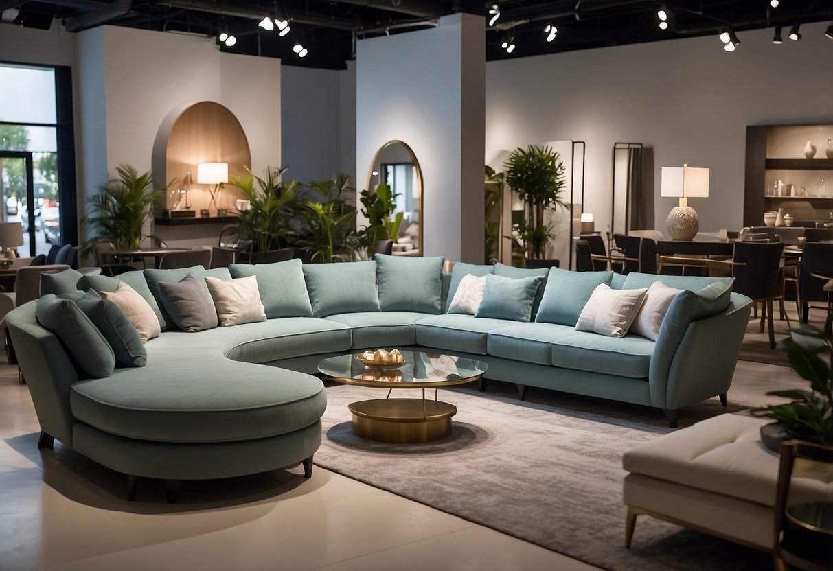 A spacious showroom displays modern furniture. Customers browse aisles, admiring elegant sofas and sleek dining sets. Bright lighting highlights the quality craftsmanship