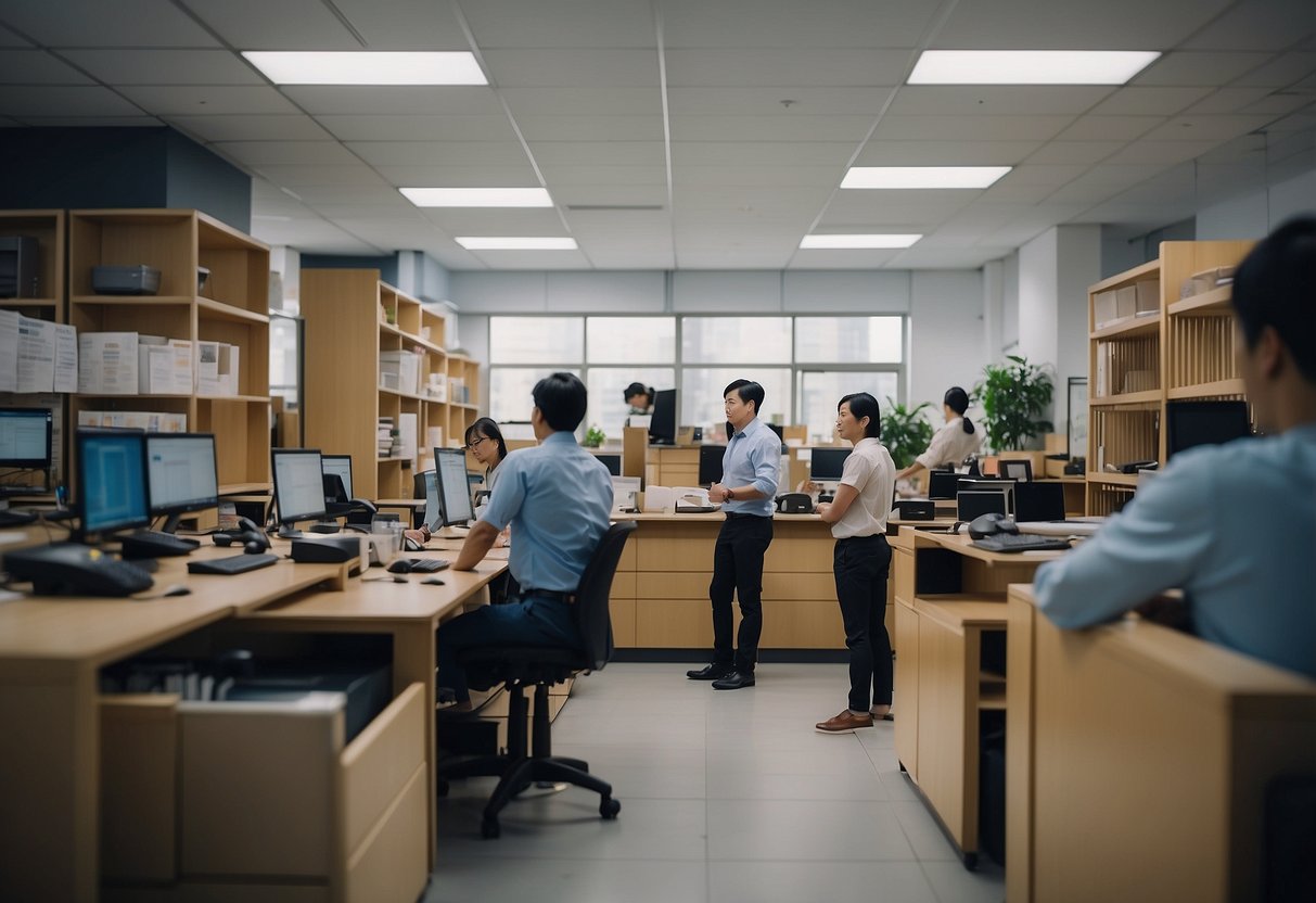 A busy office with customers asking questions to staff at Yang Hua Furniture Trading. Shelves of furniture and decor line the walls, while employees assist and interact with customers