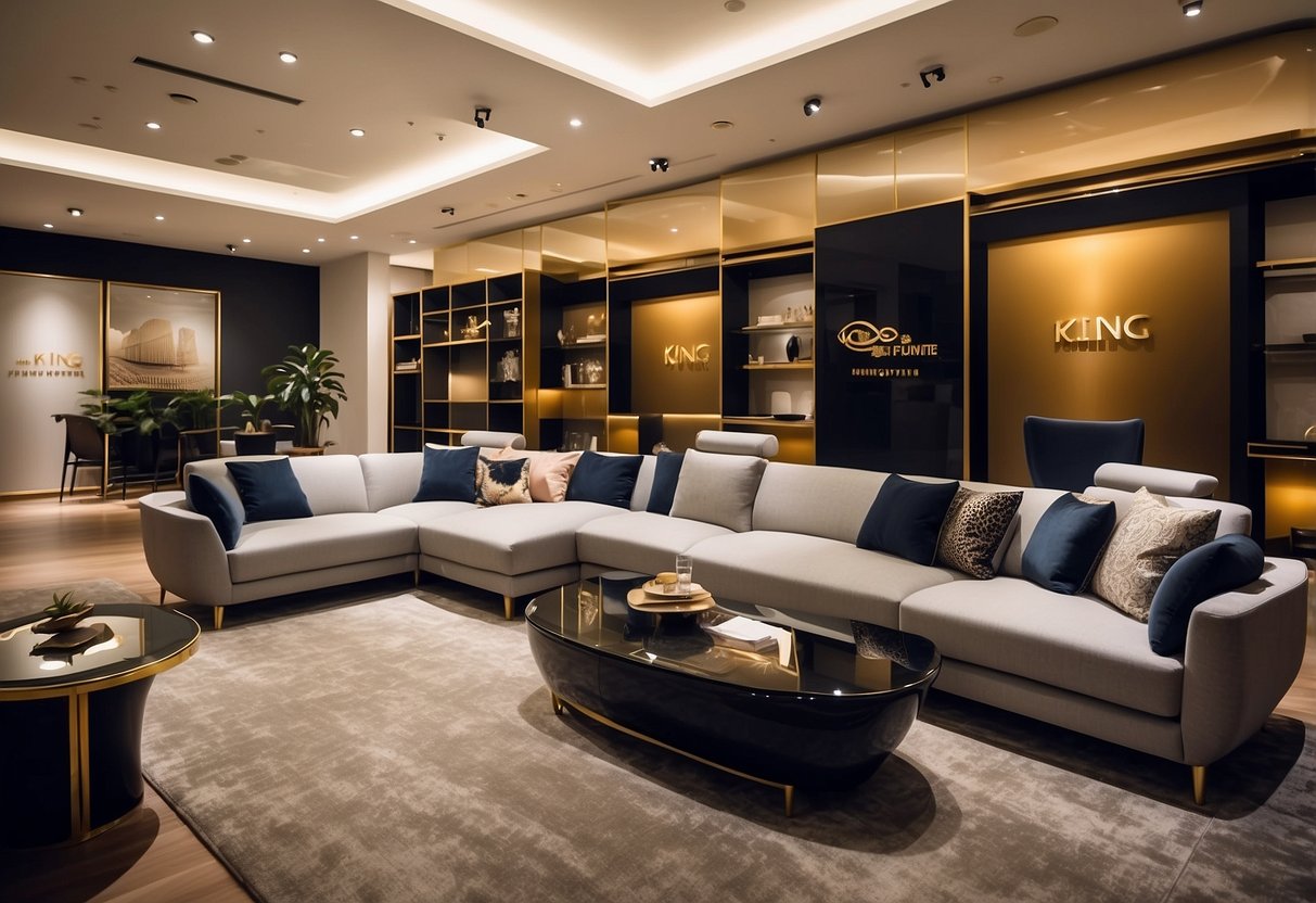 The showroom of King Furniture Singapore, featuring modern designs and luxurious fabrics, with elegant lighting and spacious displays