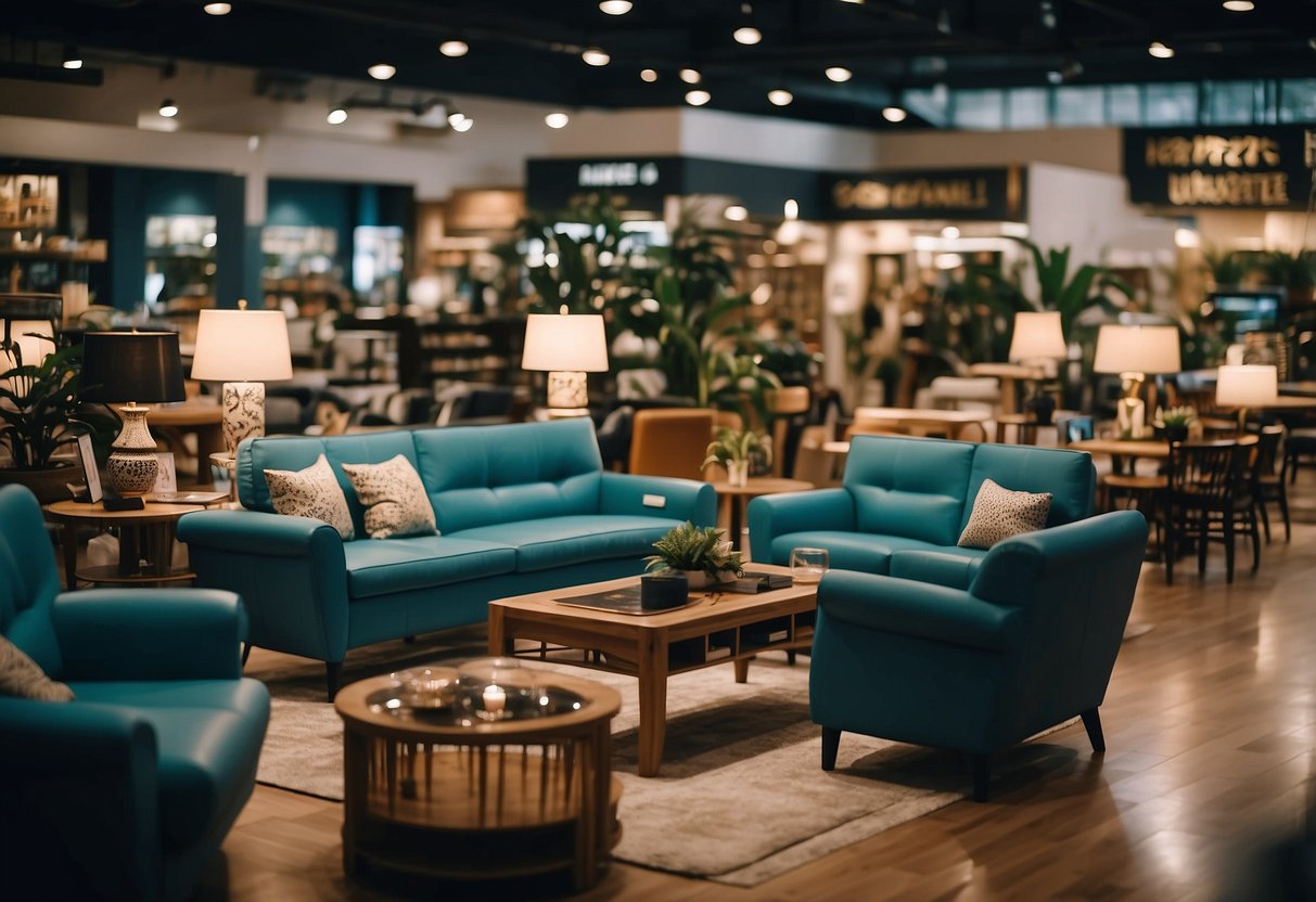 A bustling furniture store in Jurong East, filled with modern and traditional pieces, vibrant colors, and busy shoppers