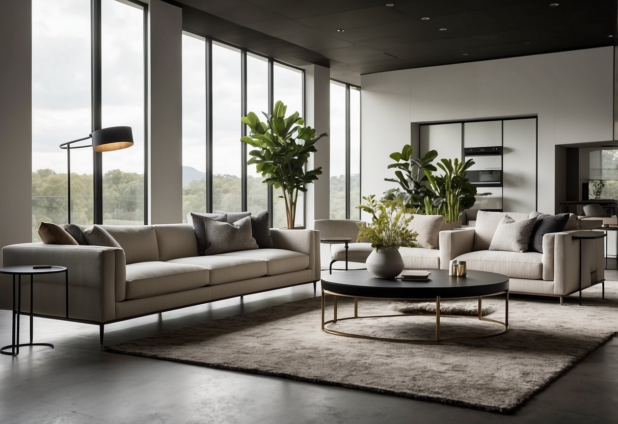 A modern living room with sleek, minimalist furniture from King Living's award-winning collections. Clean lines, luxurious fabrics, and innovative designs create a sophisticated and inviting space