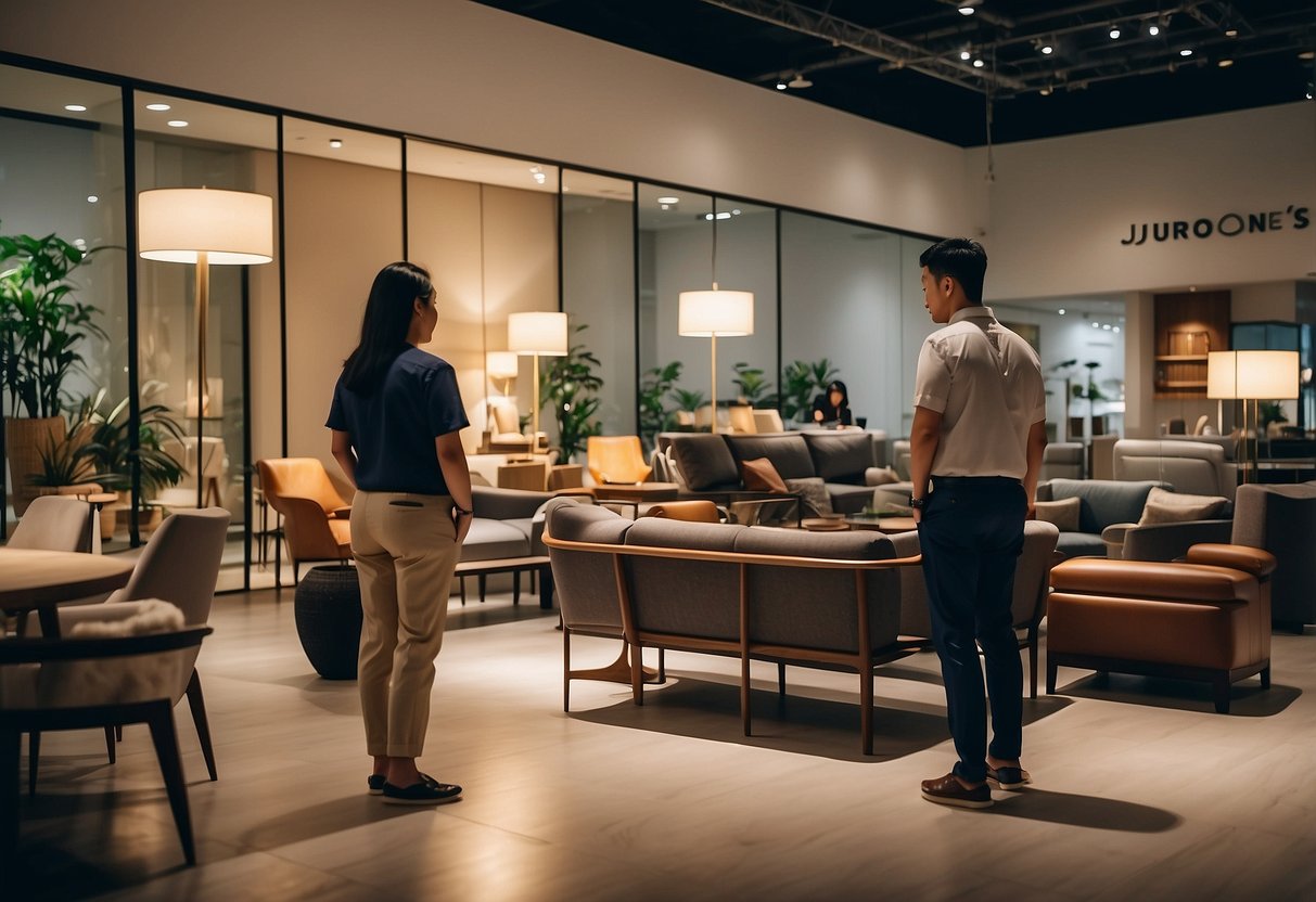 Customers browsing furniture displays in Jurong East showroom