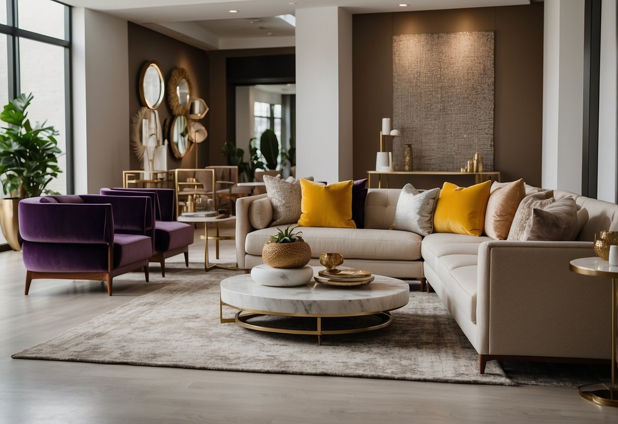 The showroom is filled with modern furniture, bathed in natural light. A sleek sofa sits in the center, surrounded by elegant coffee tables and stylish chairs. Vibrant rugs and decorative accents complete the inviting space