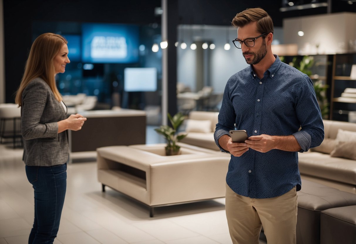 A customer browsing through a display of furniture with a "Frequently Asked Questions" sign in a modern showroom
